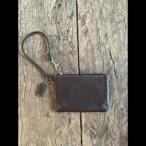Coach Brown Leather Zip Wristlet With Silver Tone Hardware And Charm EUC